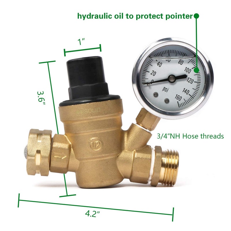 U.S. Solid 3/4" GHT RV Water Pressure Regulator, Adjustable Lead-Free Brass Water Regulator Valve with Gauge & Filter for RV, Camper & Garden Hose - Image 2
